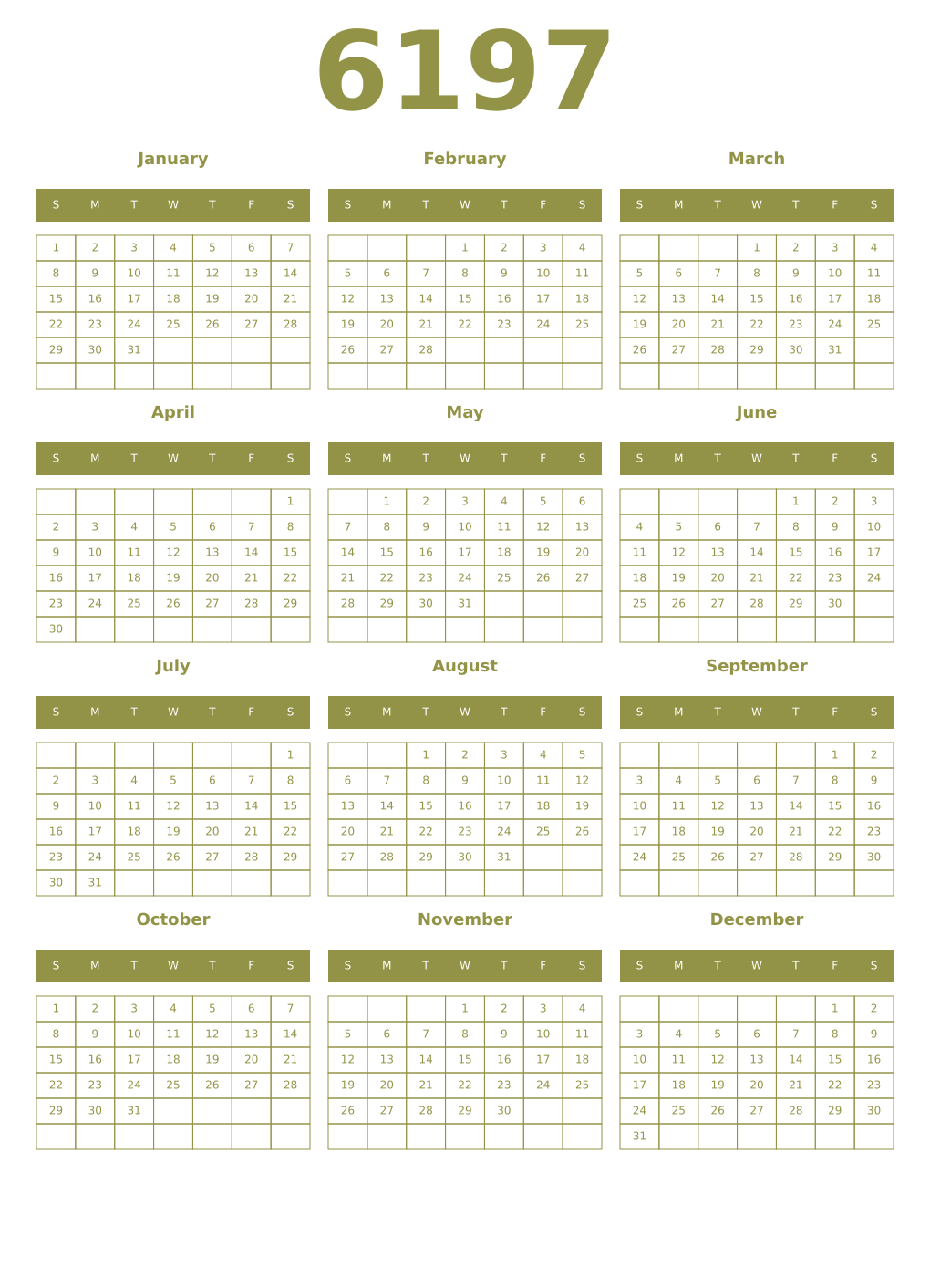 Printable 6197 Year Calendars eburnean