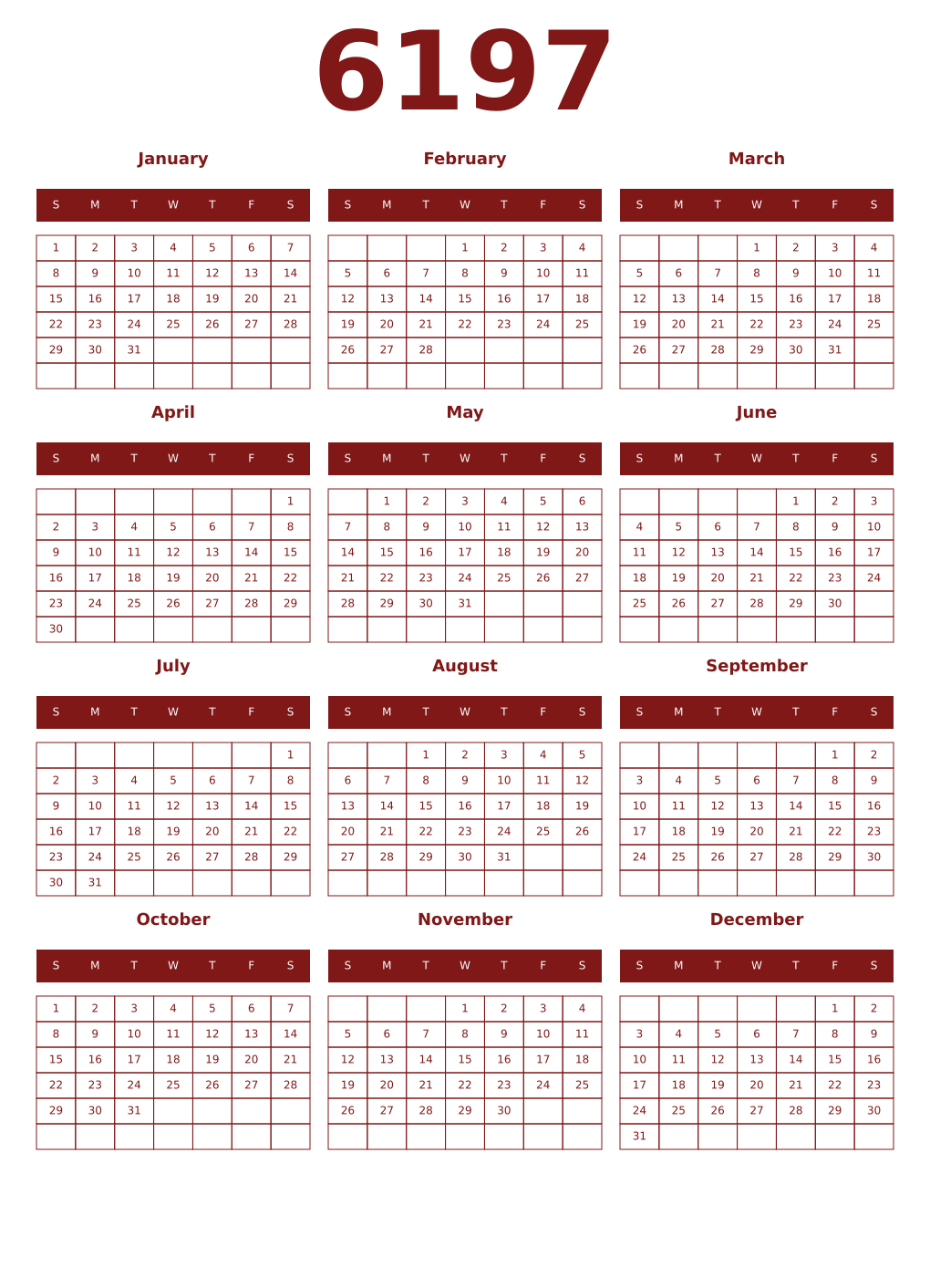 Printable 6197 Year Calendars falu