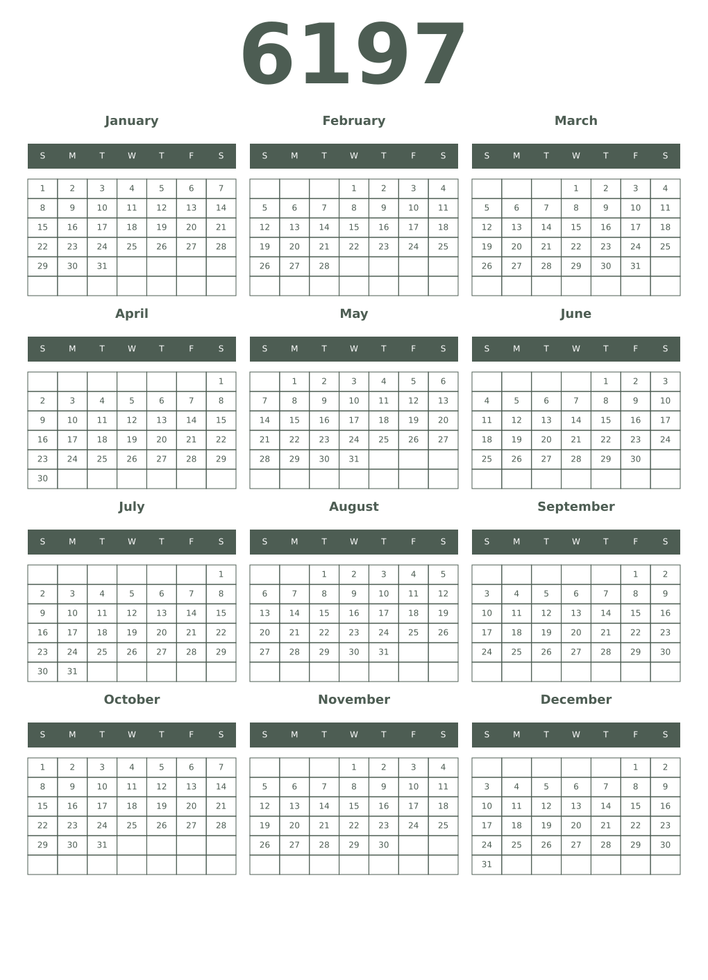 Printable 6197 Year Calendars feldgrau
