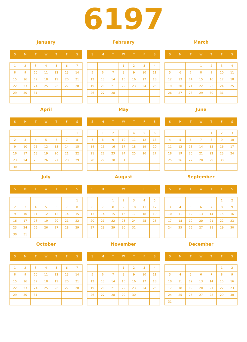 Printable 6197 Year Calendars gamboge