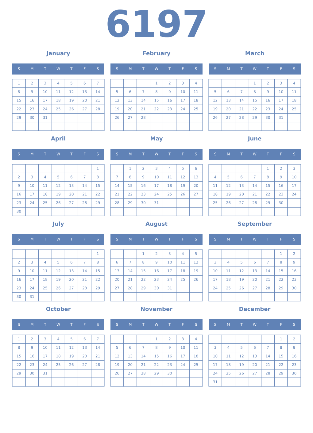 Printable 6197 Year Calendars glaucous