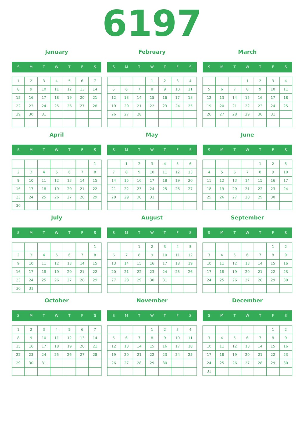 Printable 6197 Year Calendars green