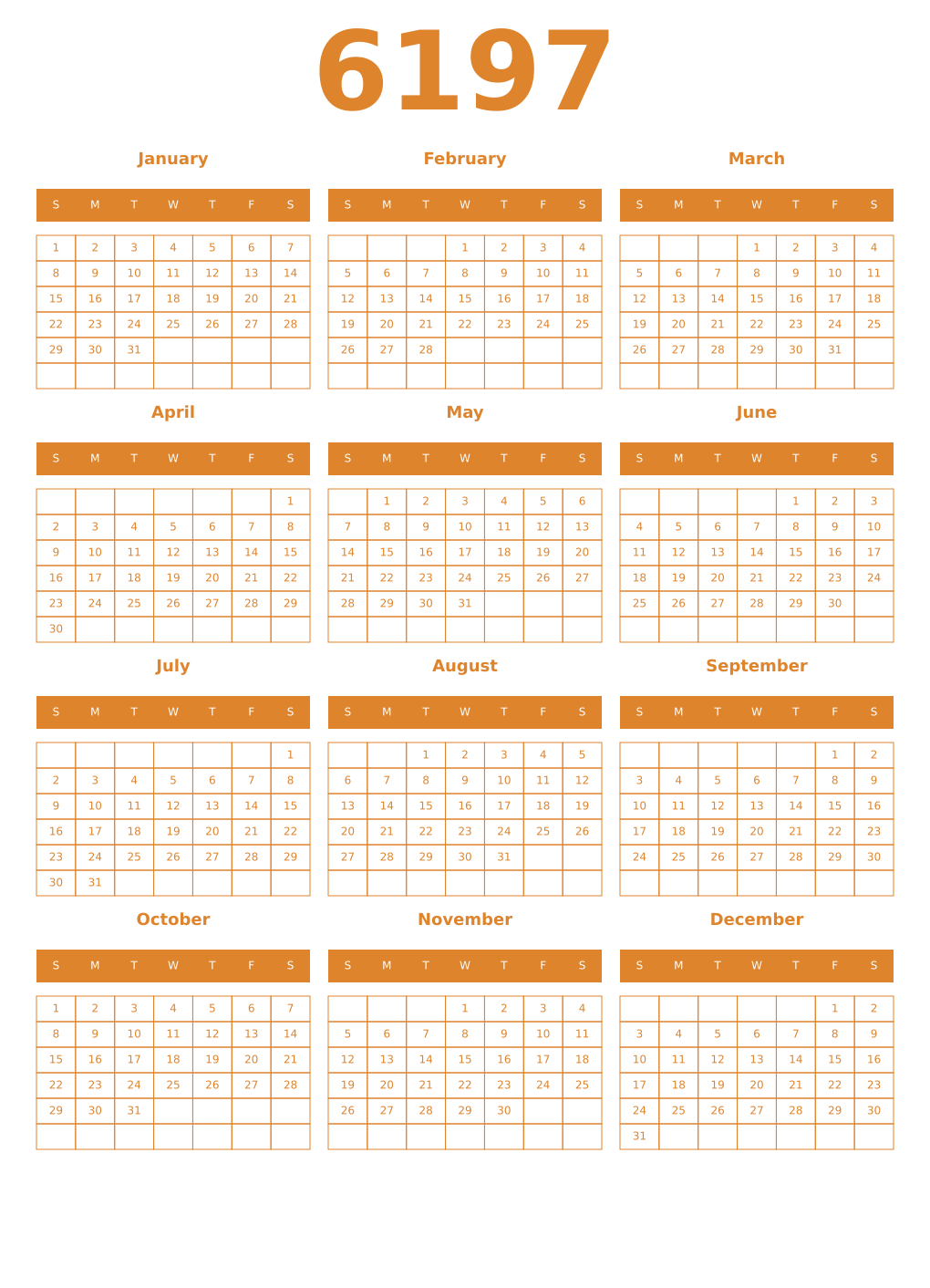 Printable 6197 Year Calendars orange