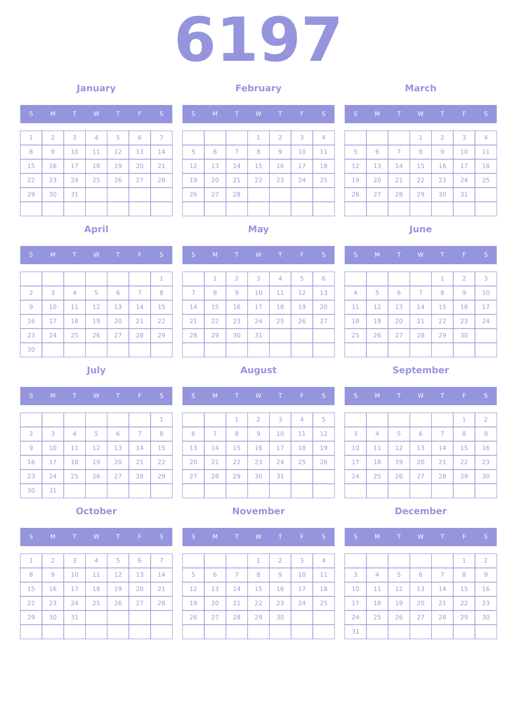 Printable 6197 Year Calendars periwinkle