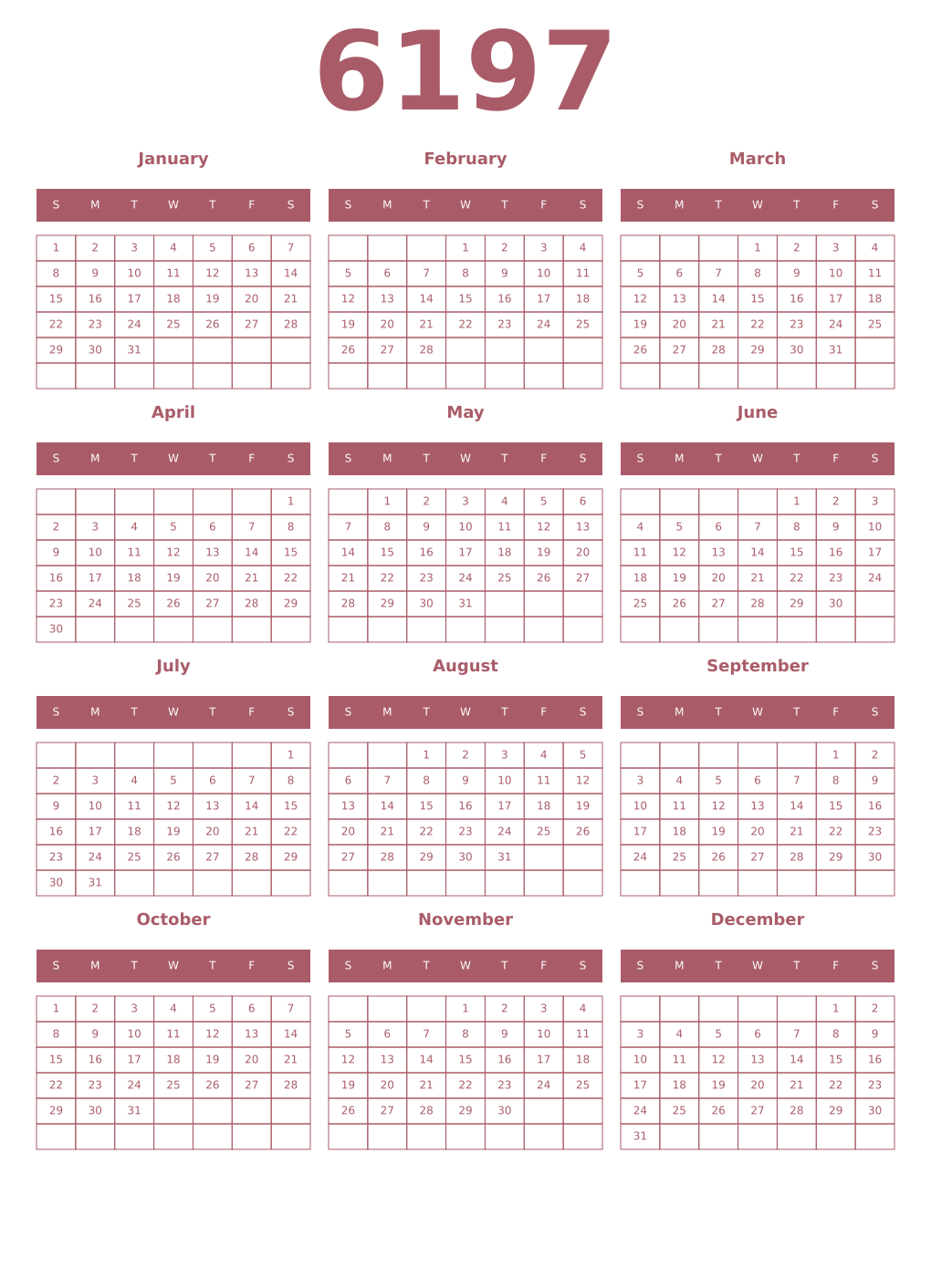 Printable 6197 Year Calendars puce