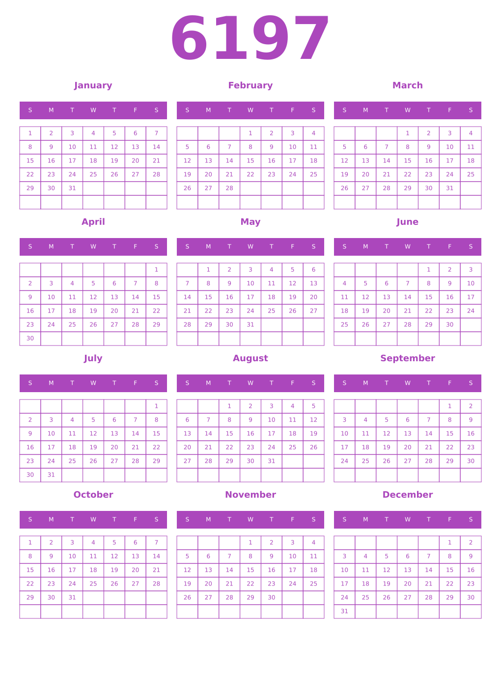 Printable 6197 Year Calendars purple