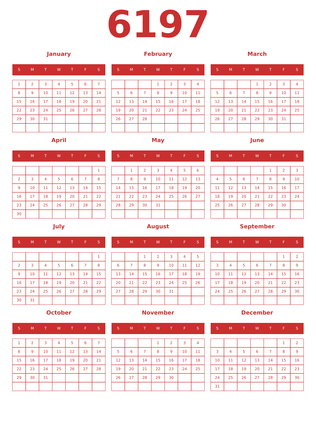 Printable 6197 Year Calendars red