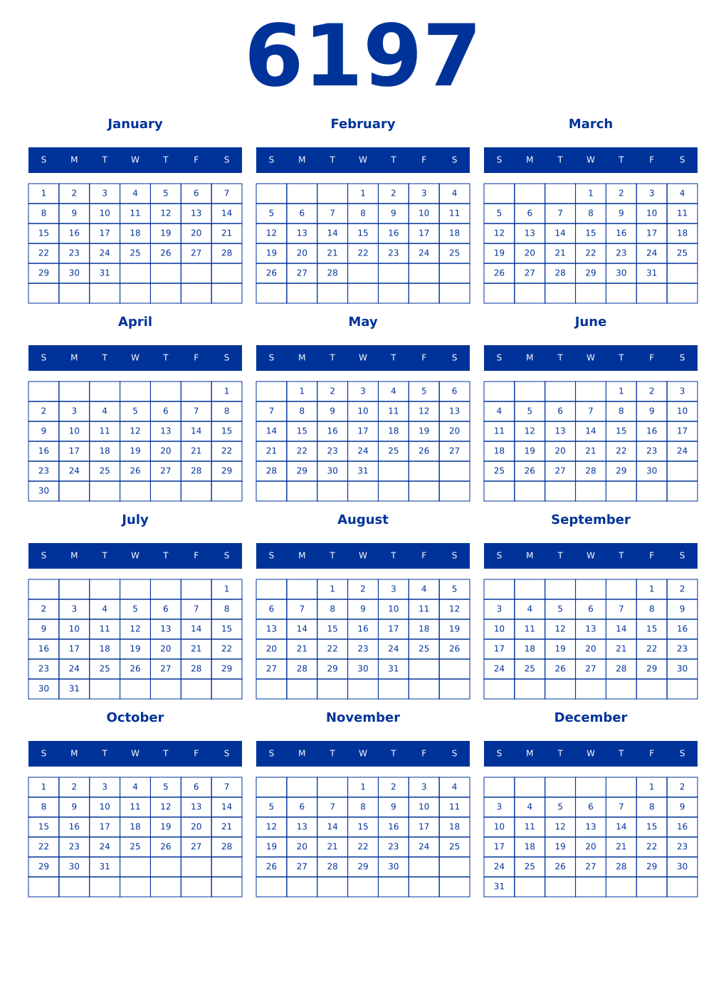 Printable 6197 Year Calendars smalt