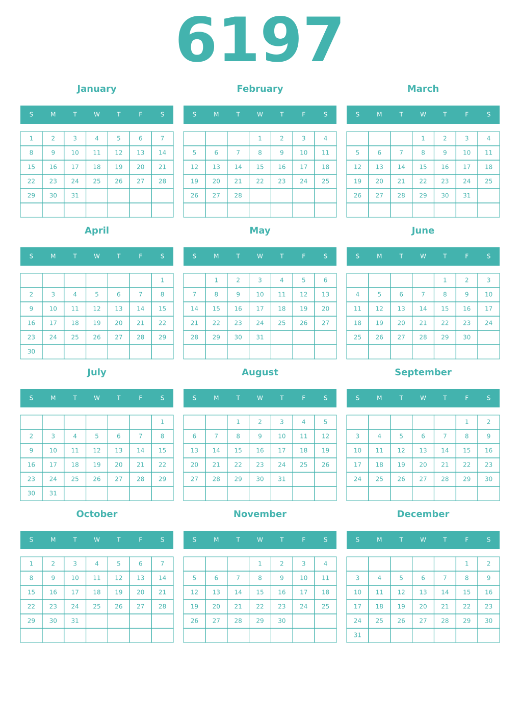 Printable 6197 Year Calendars verdigris