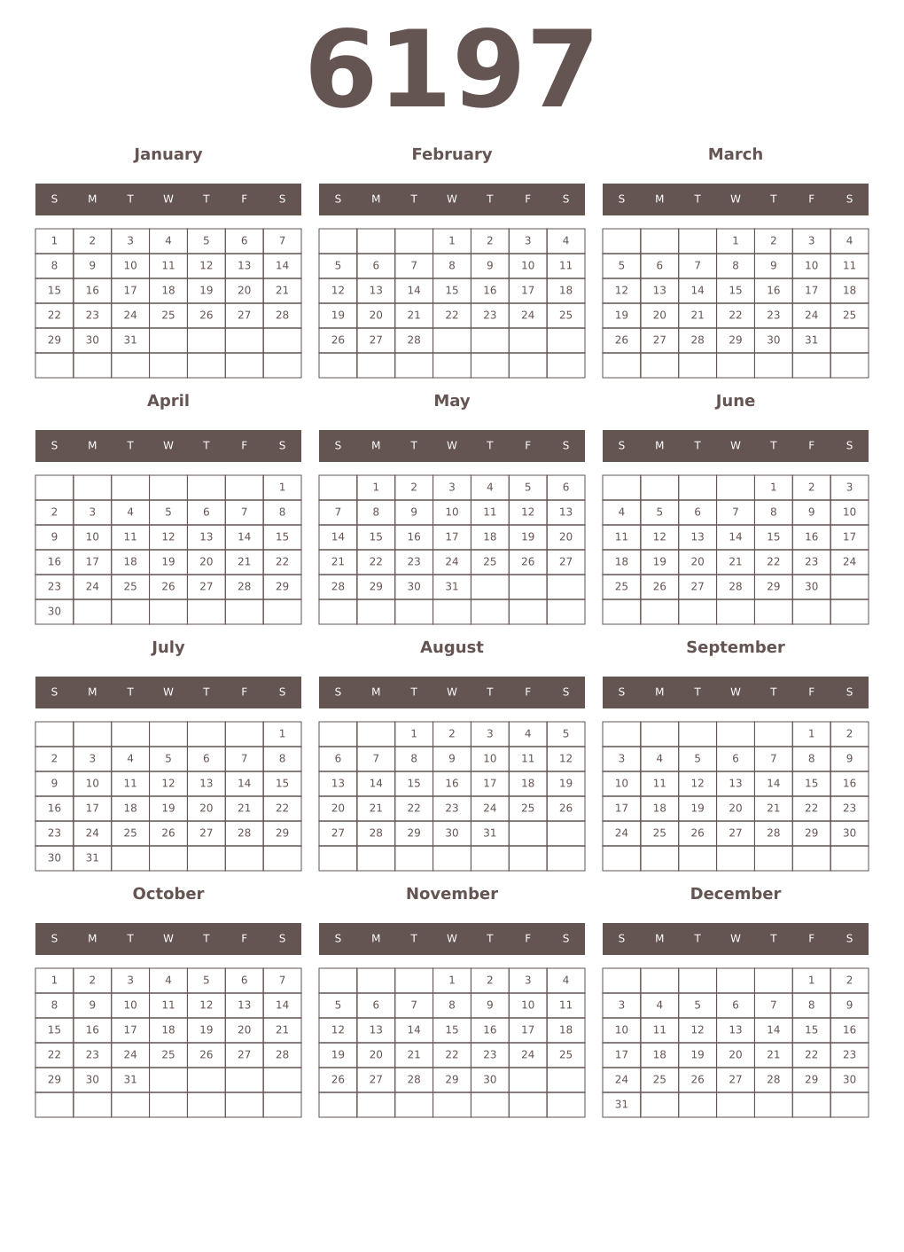 Printable 6197 Year Calendars wenge
