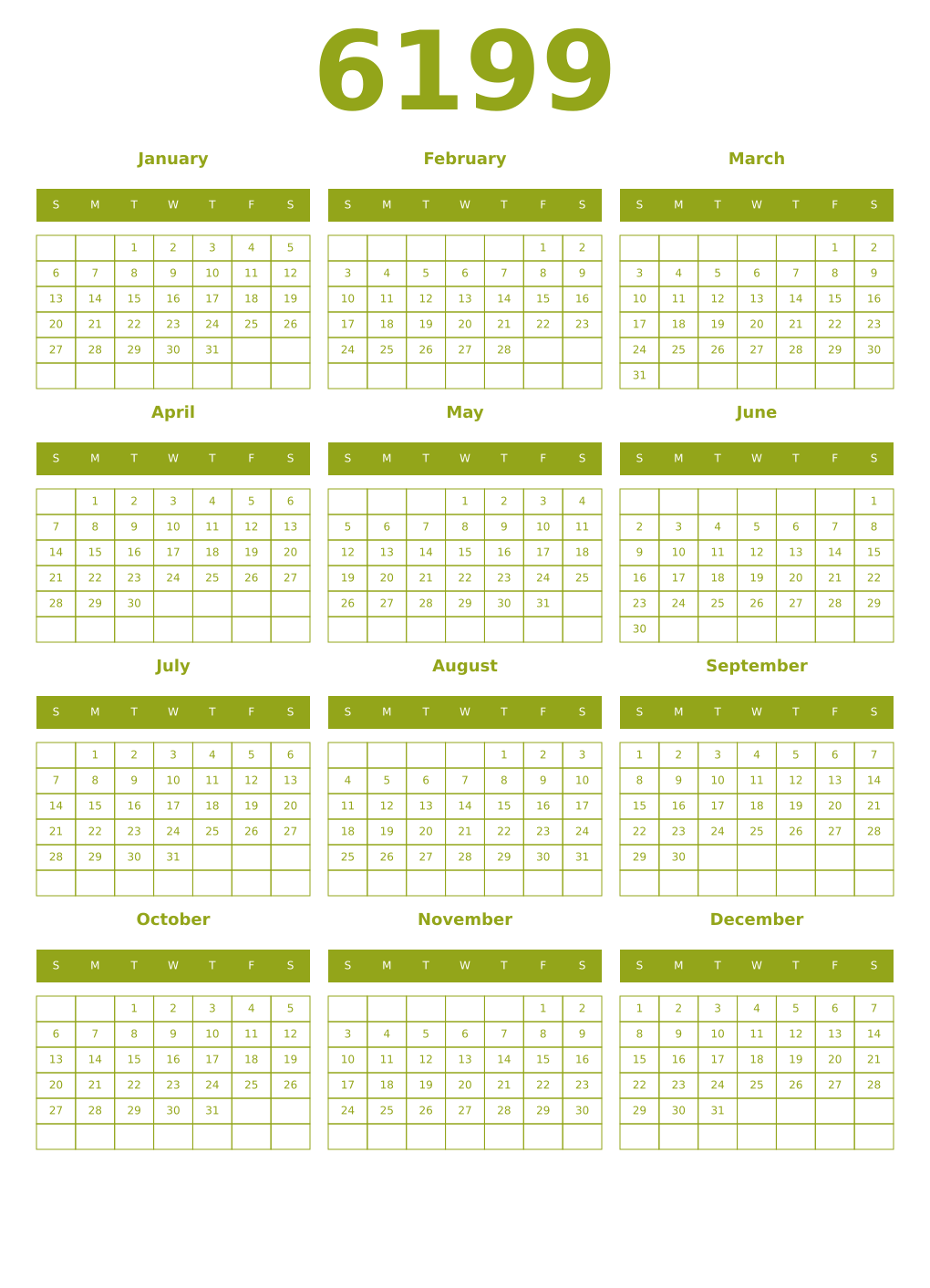 Printable 6199 Year Calendars chartreuse