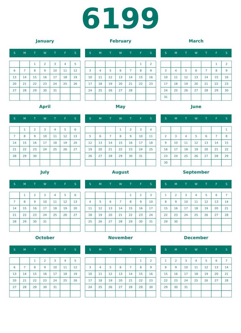 Printable 6199 Year Calendars pastel