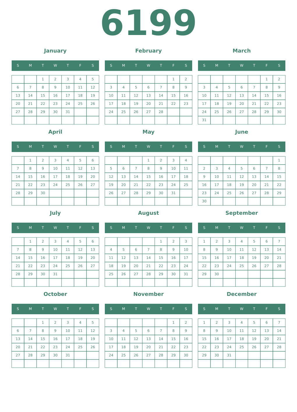 Printable 6199 Year Calendars viridian