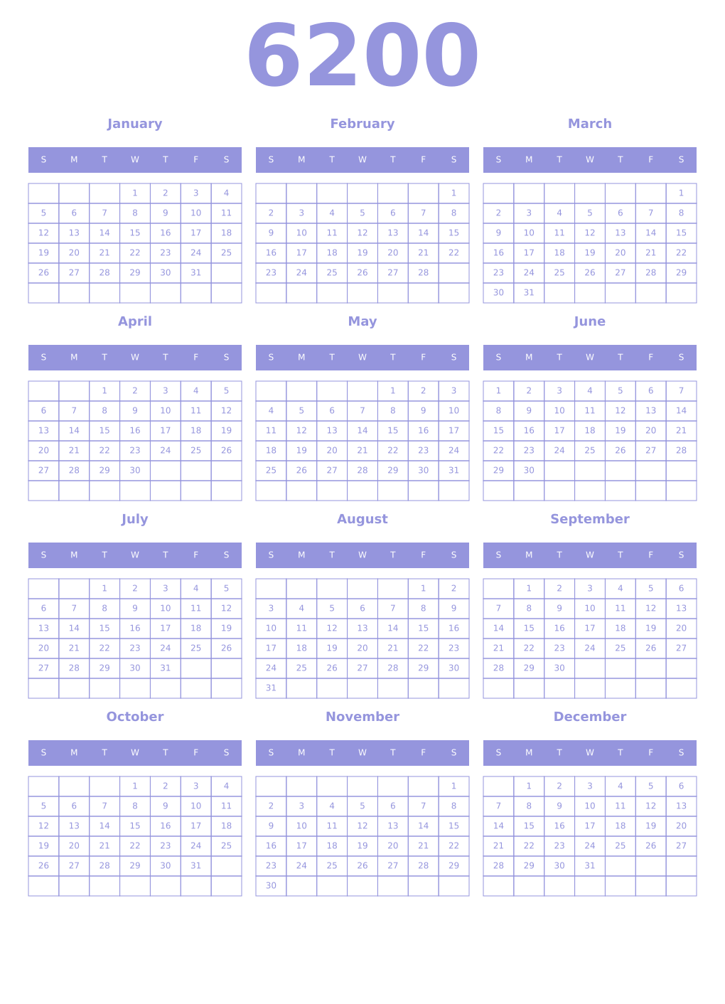 Printable 6200 Year Calendars periwinkle