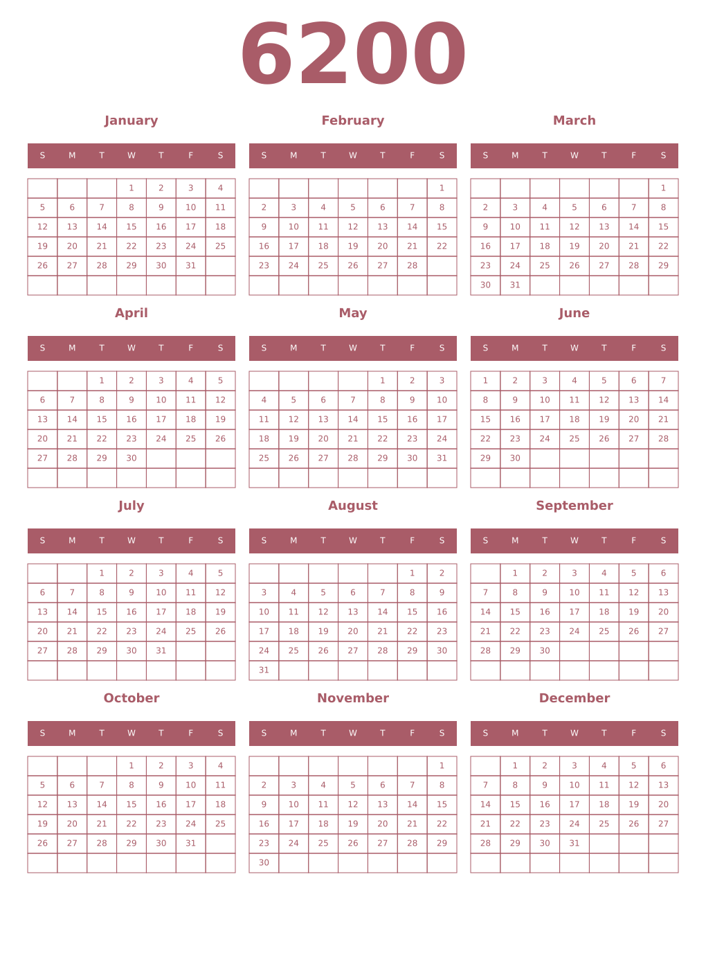 Printable 6200 Year Calendars puce