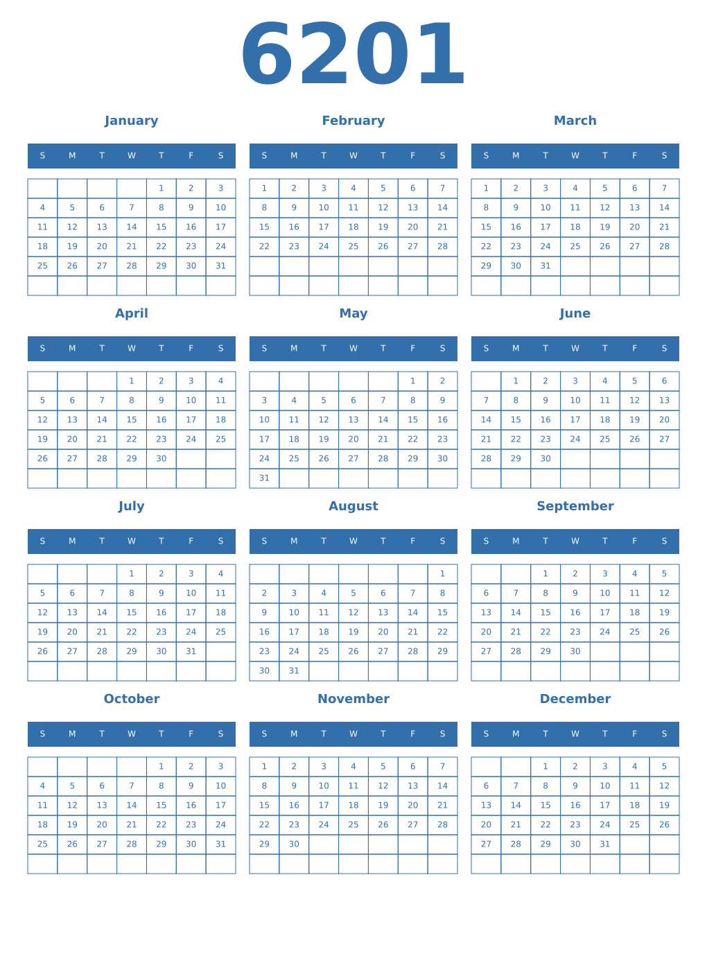 Printable 6201 Year Calendars blue