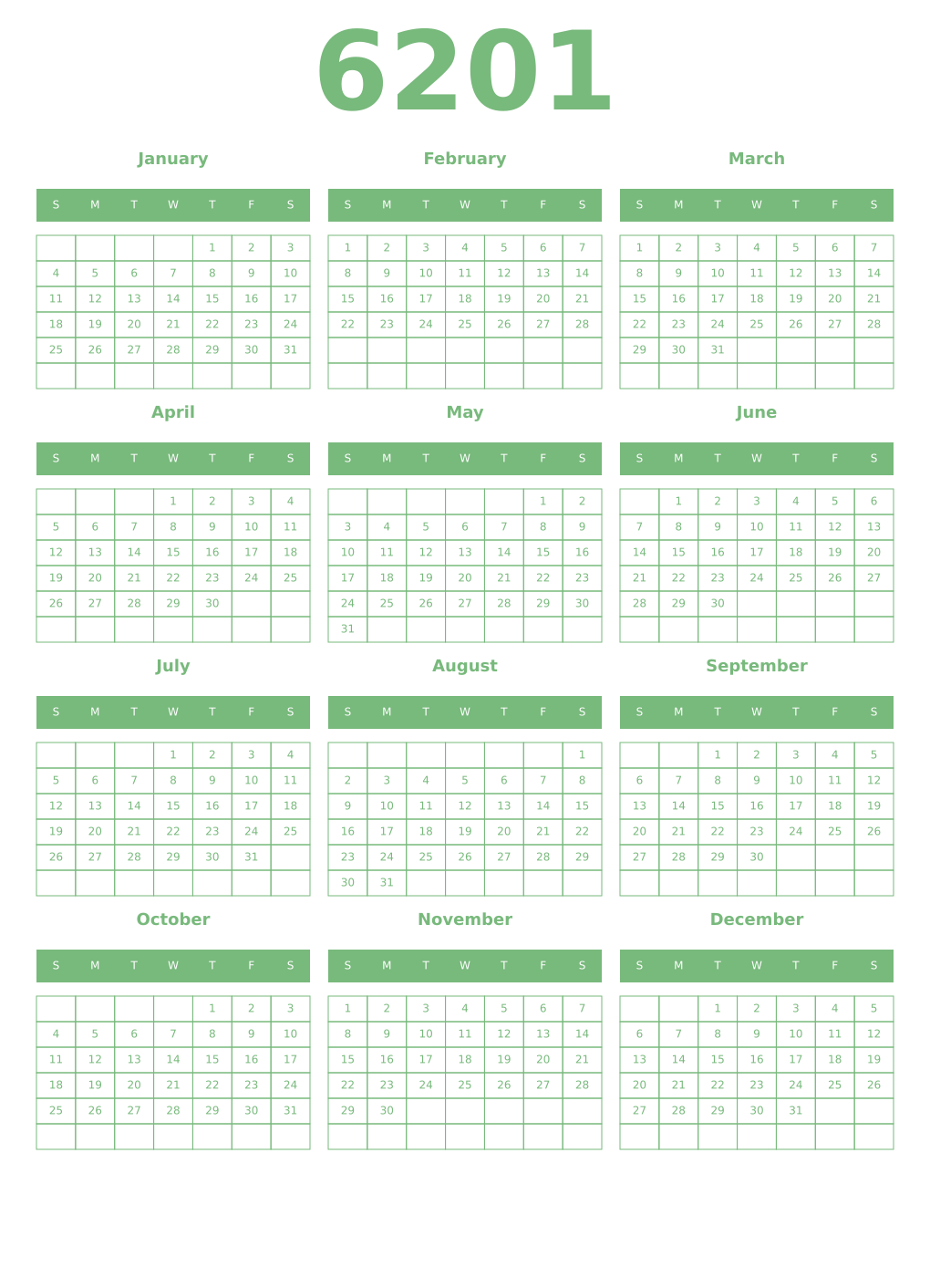 Printable 6201 Year Calendars celadon