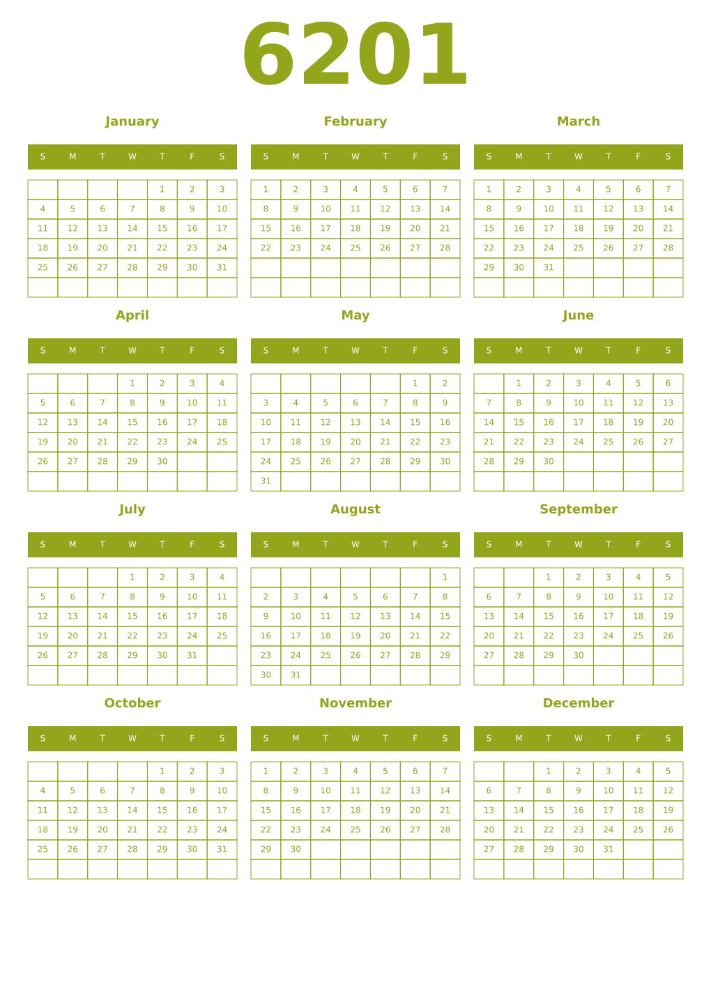 Printable 6201 Year Calendars chartreuse