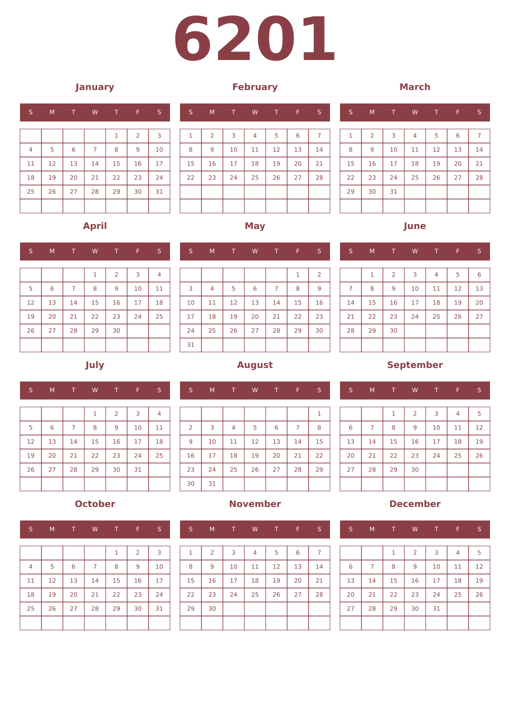 Printable 6201 Year Calendars cordovan