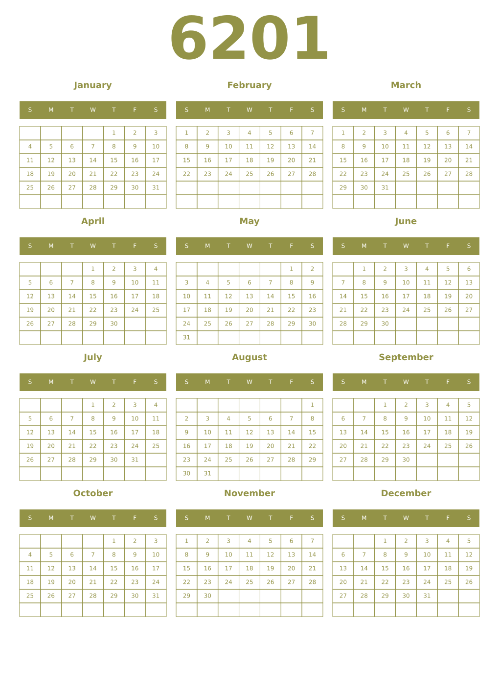 Printable 6201 Year Calendars eburnean