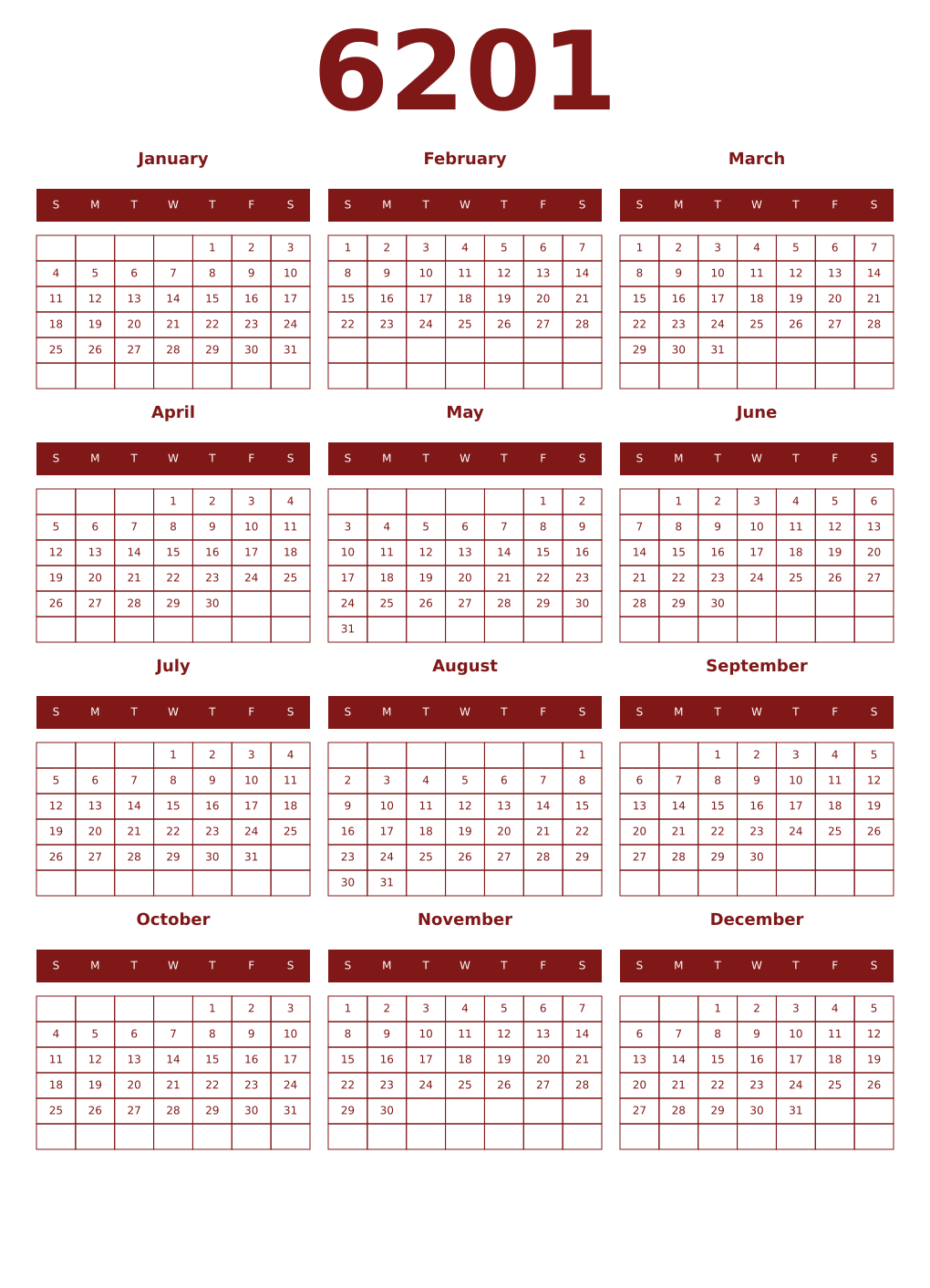 Printable 6201 Year Calendars falu