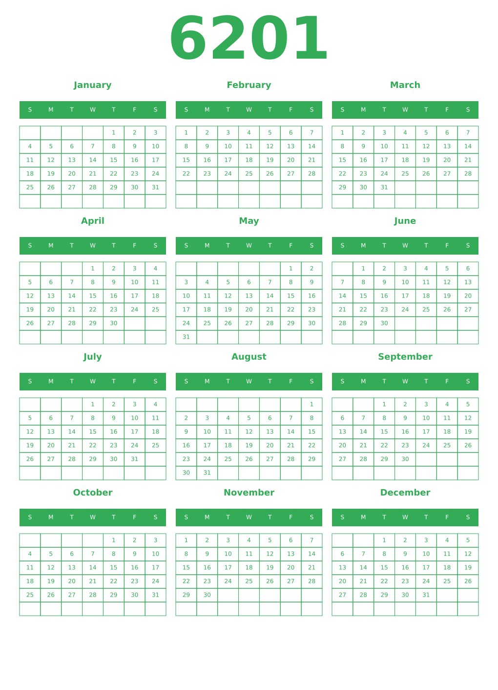 Printable 6201 Year Calendars green
