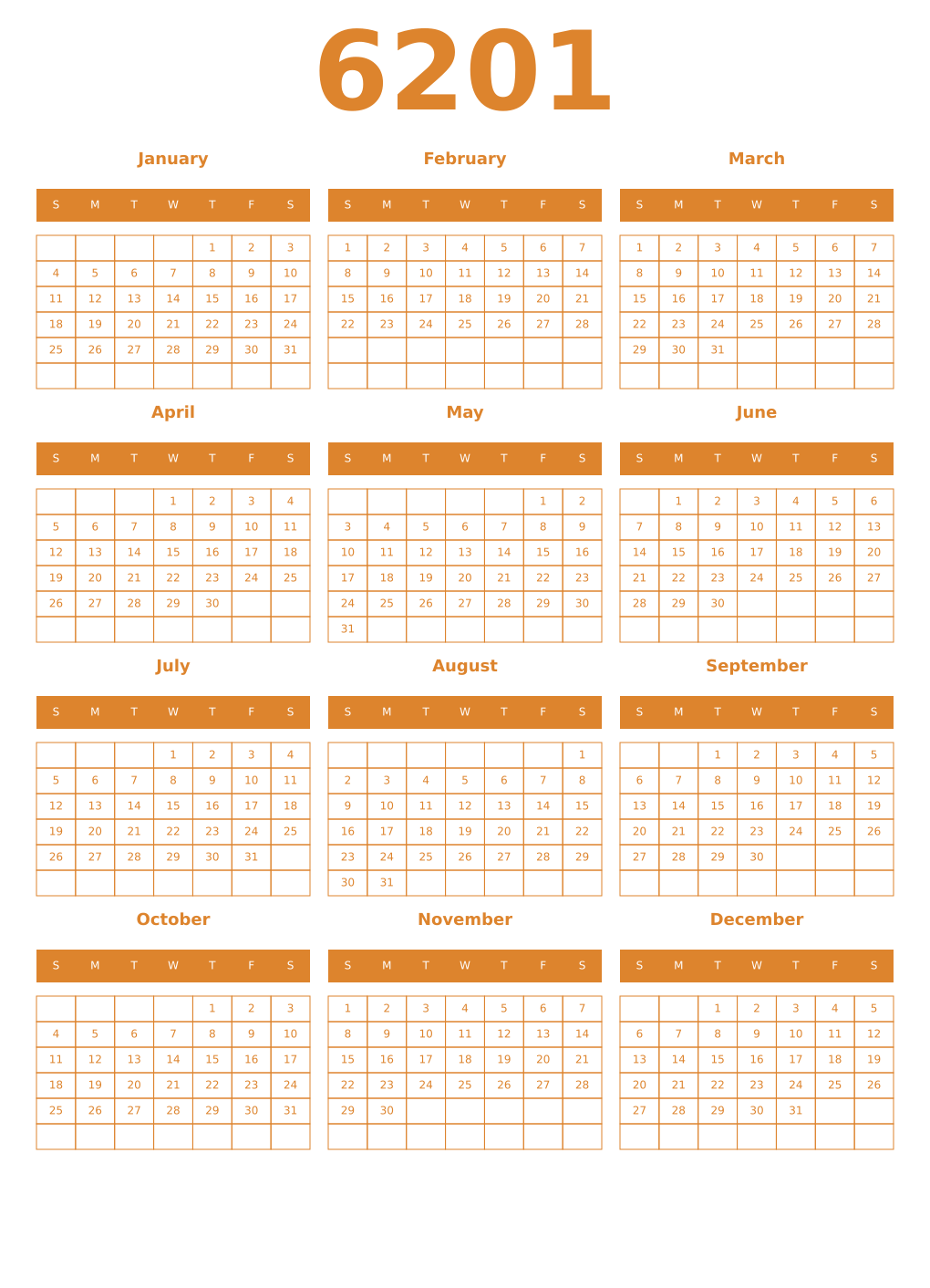Printable 6201 Year Calendars orange