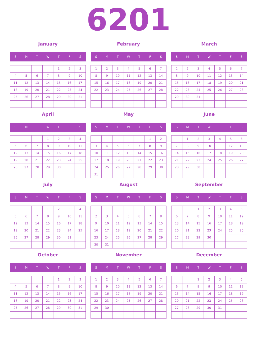 Printable 6201 Year Calendars purple