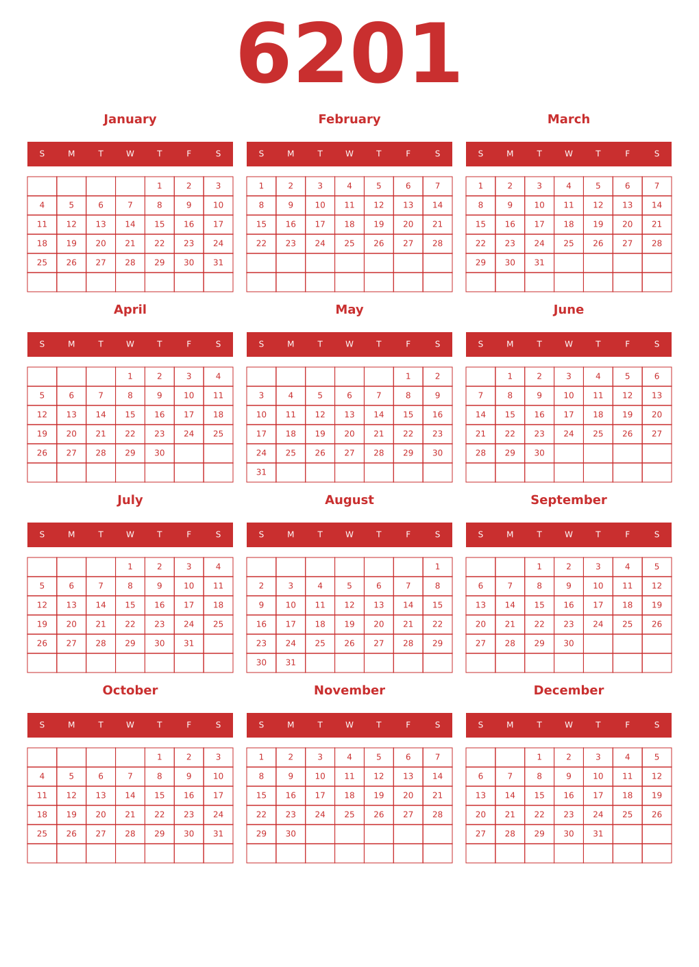 Printable 6201 Year Calendars red