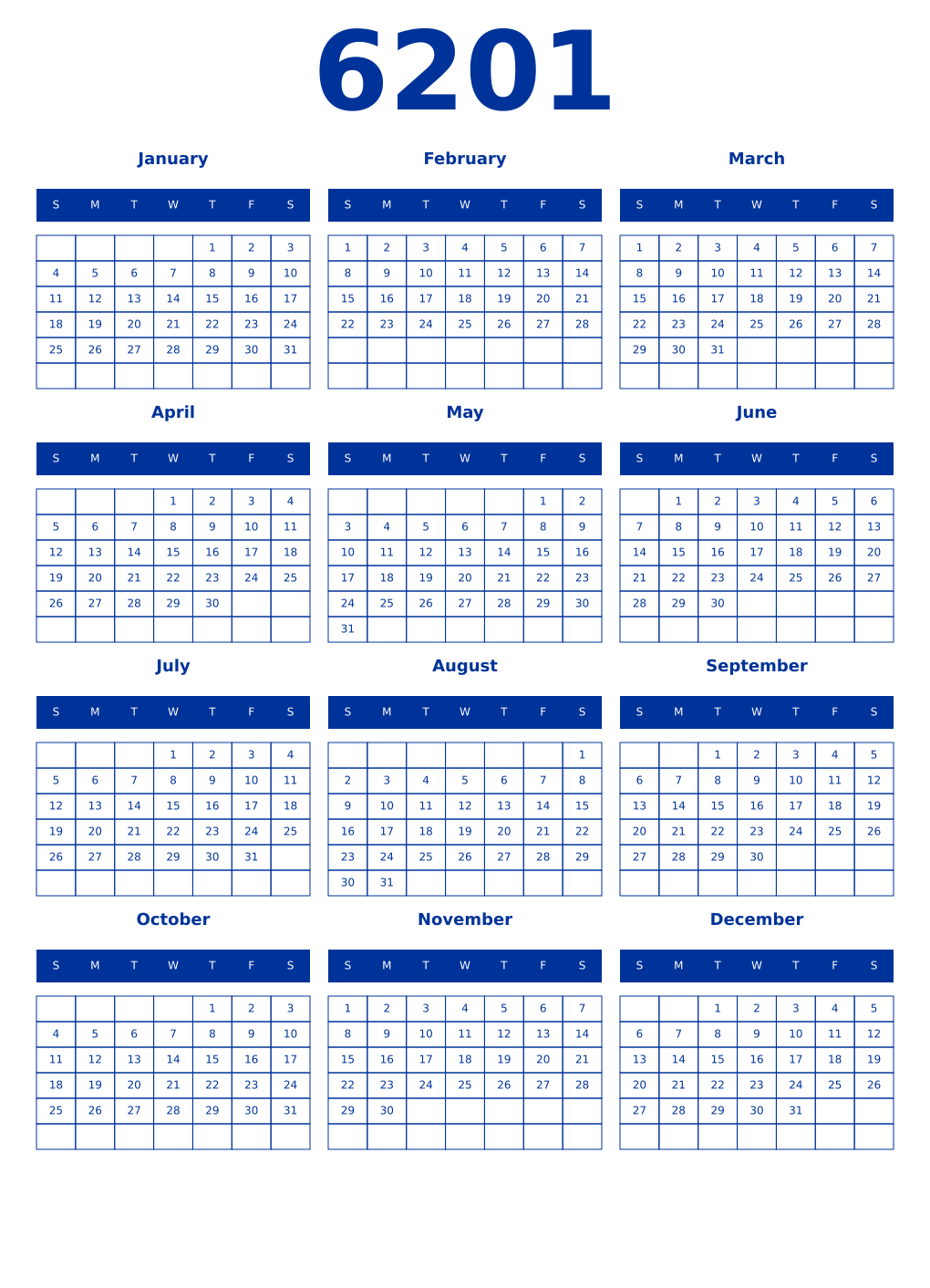 Printable 6201 Year Calendars smalt
