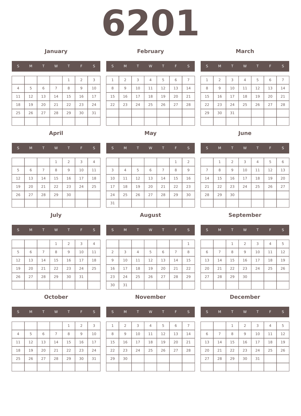 Printable 6201 Year Calendars wenge