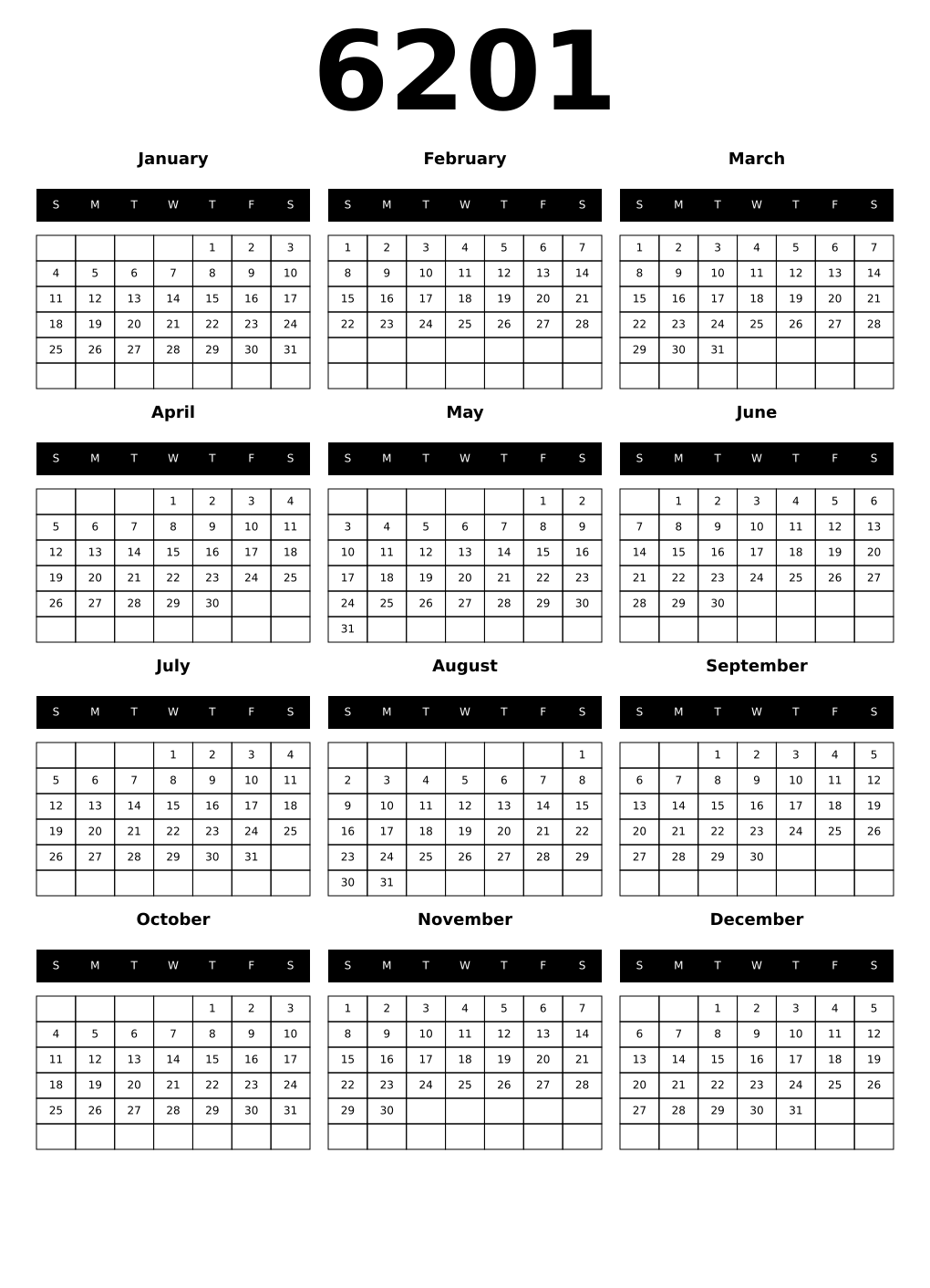 Printable 6201 Calendars