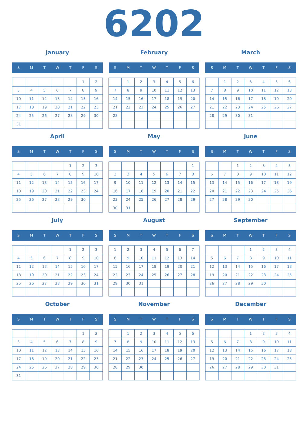 Printable 6202 Year Calendars blue