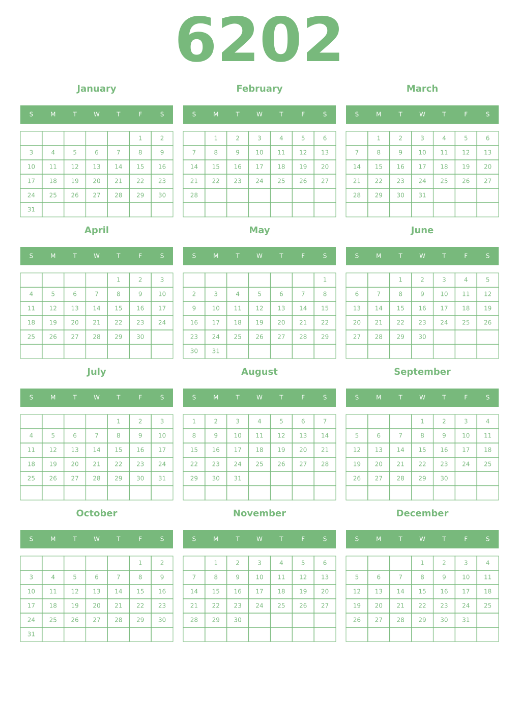 Printable 6202 Year Calendars celadon