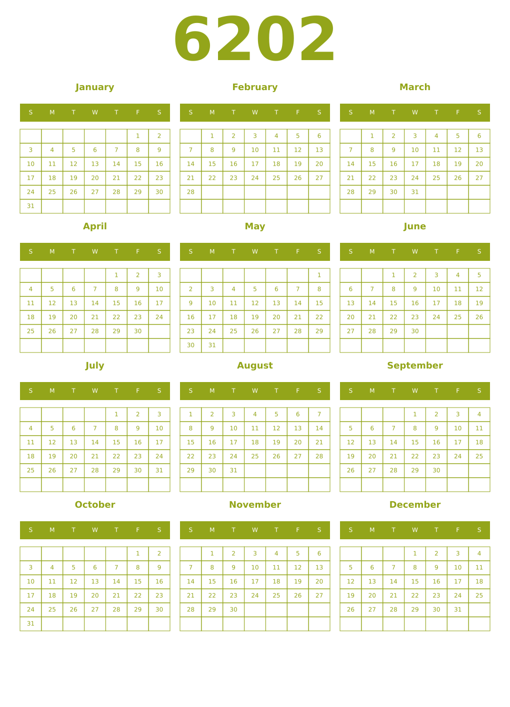 Printable 6202 Year Calendars chartreuse