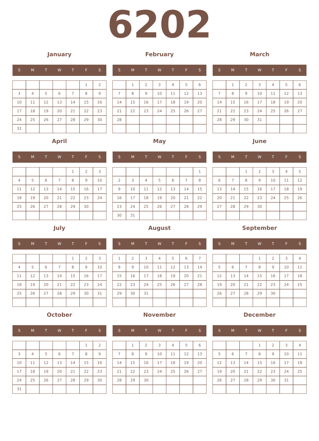 Printable 6202 Year Calendars coffe