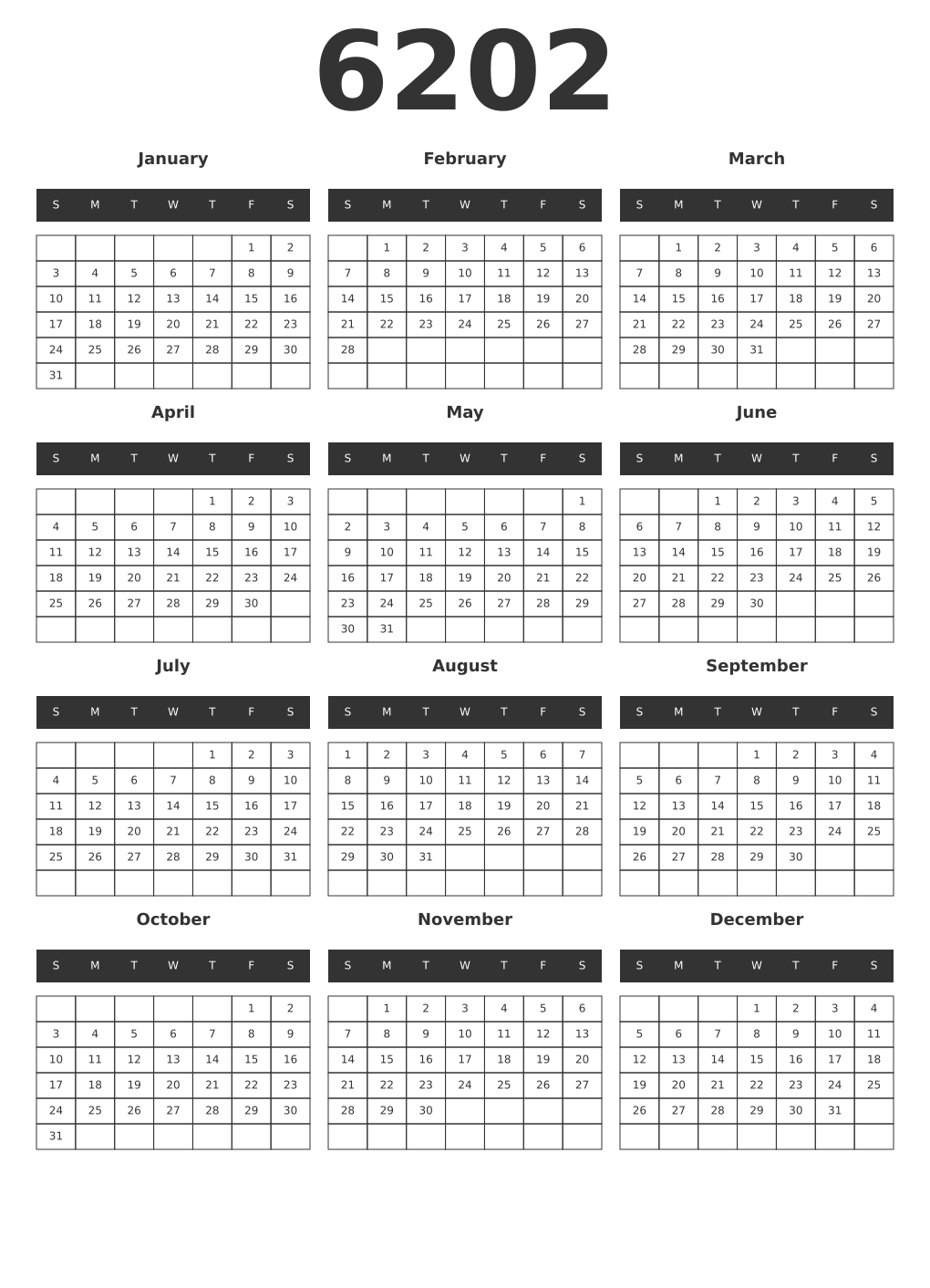 Printable 6202 Year Calendars dark