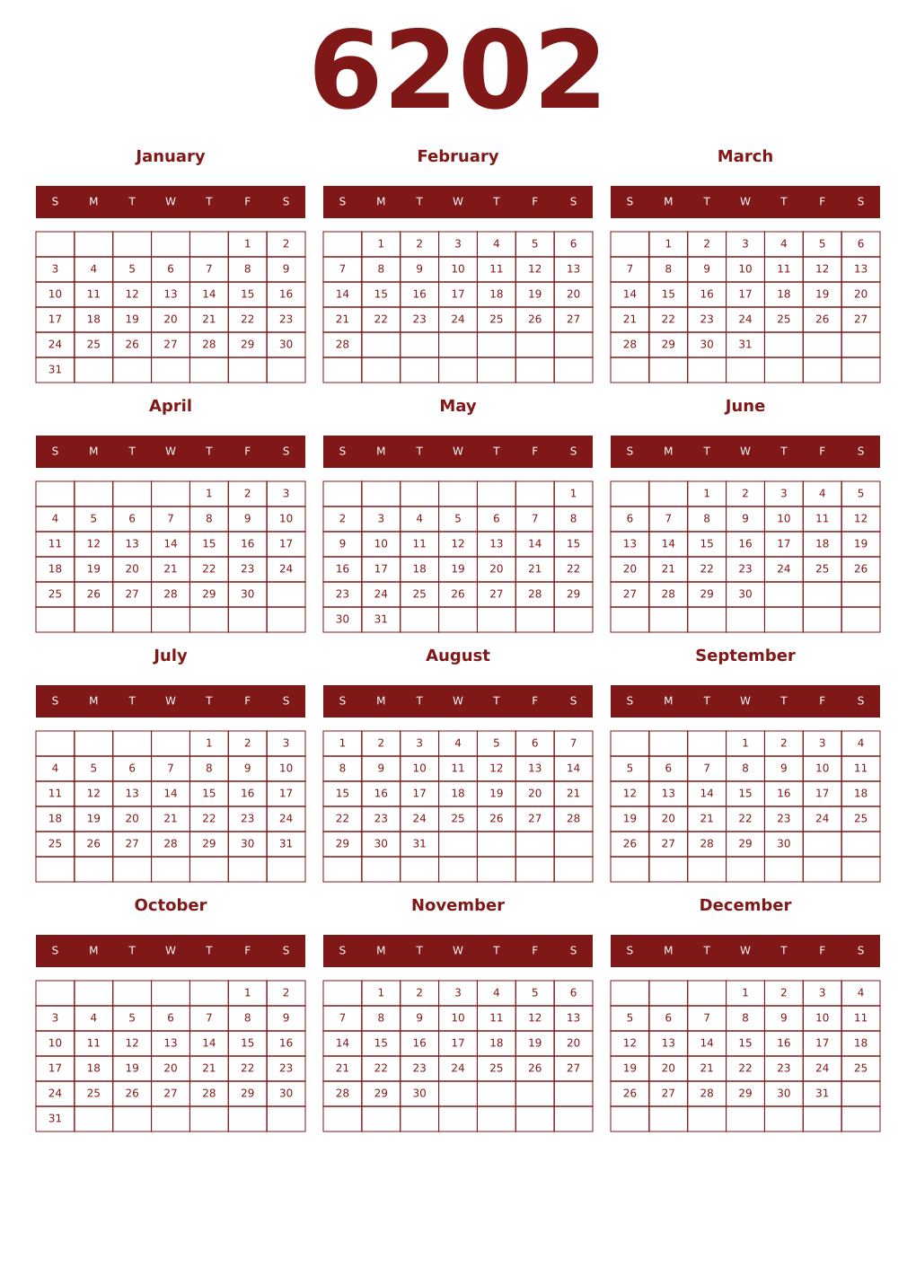 Printable 6202 Year Calendars falu