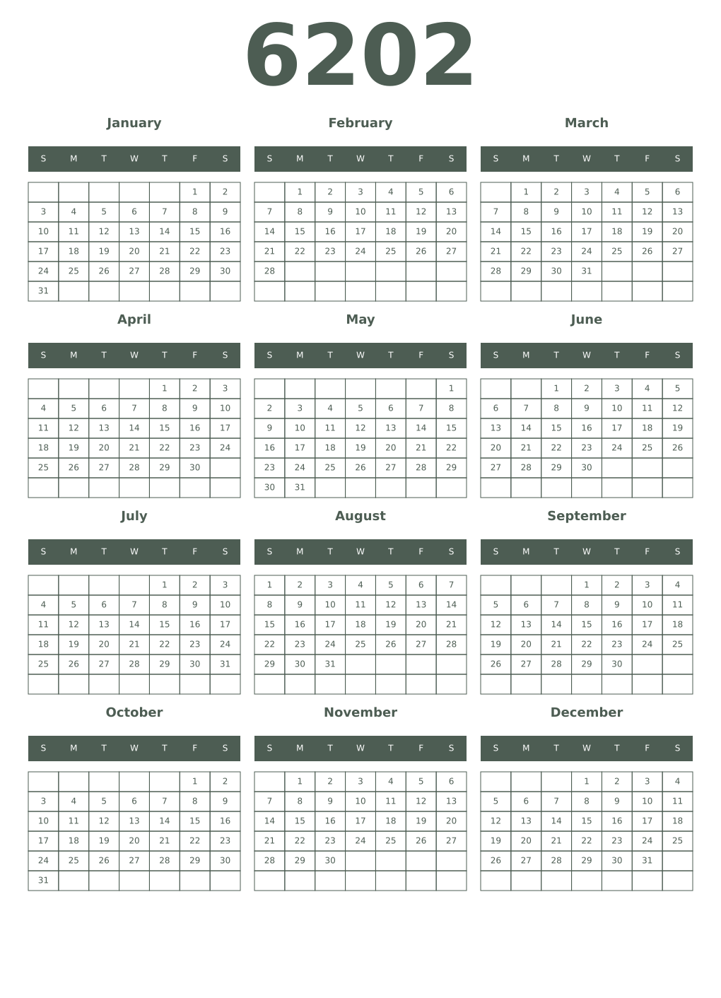 Printable 6202 Year Calendars feldgrau