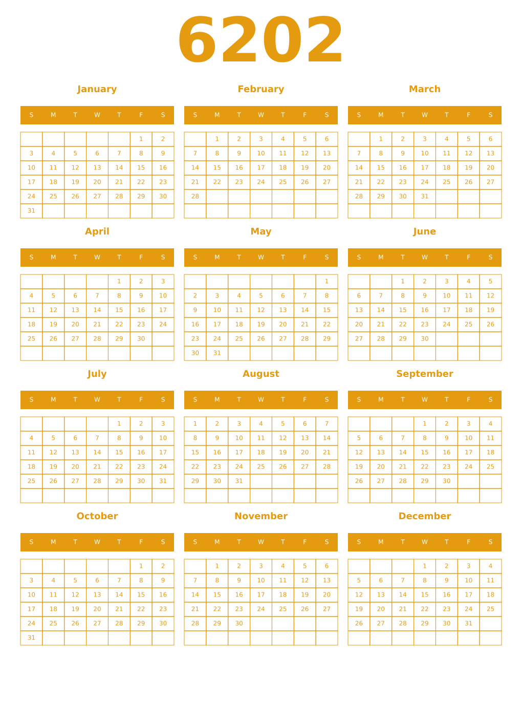 Printable 6202 Year Calendars gamboge