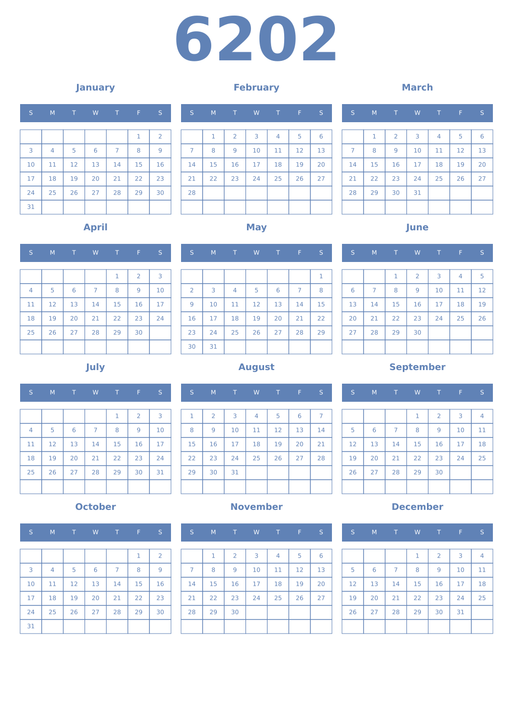 Printable 6202 Year Calendars glaucous