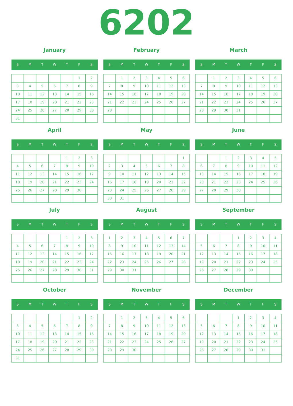 Printable 6202 Year Calendars green