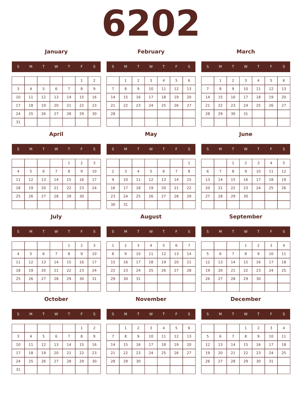 Printable 6202 Year Calendars mortuum