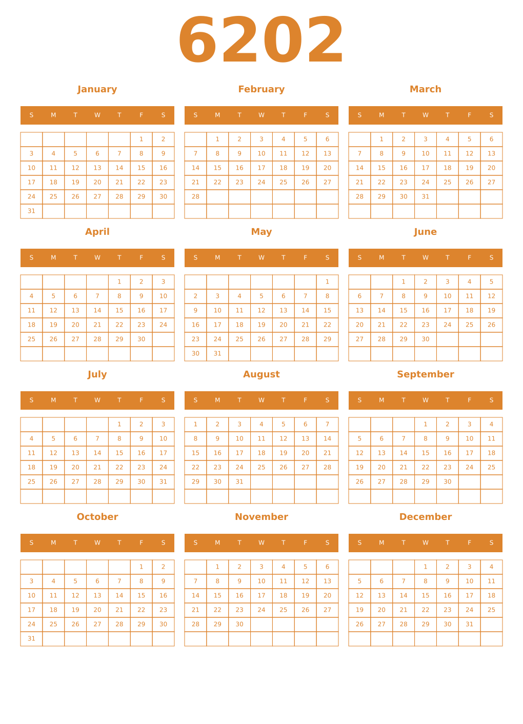 Printable 6202 Year Calendars orange