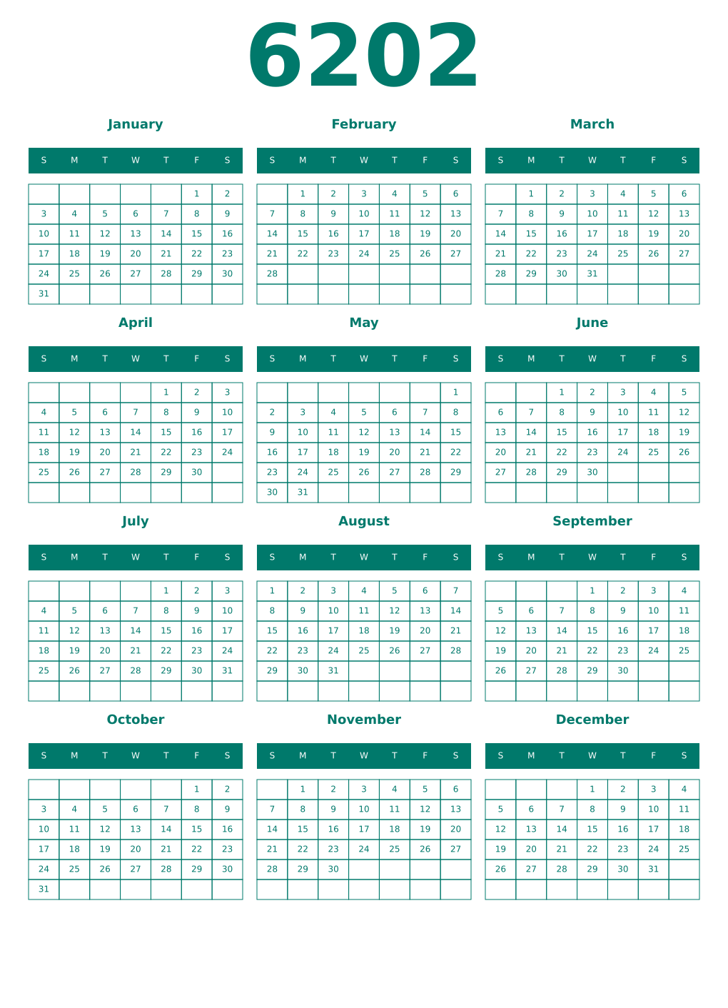 Printable 6202 Year Calendars pastel