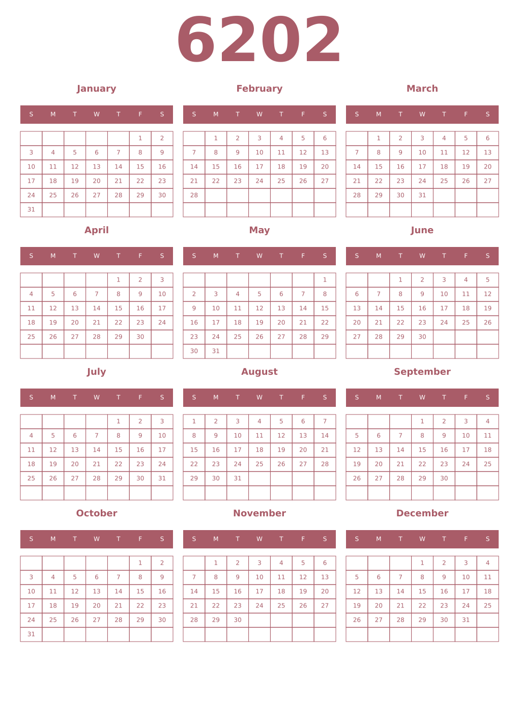Printable 6202 Year Calendars puce