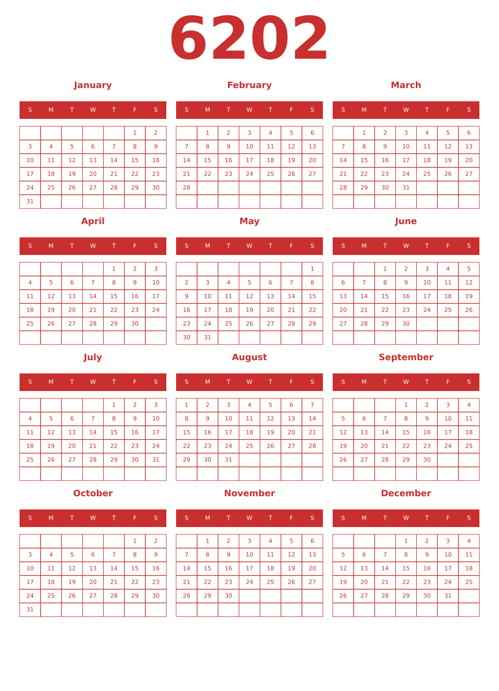 Printable 6202 Year Calendars red