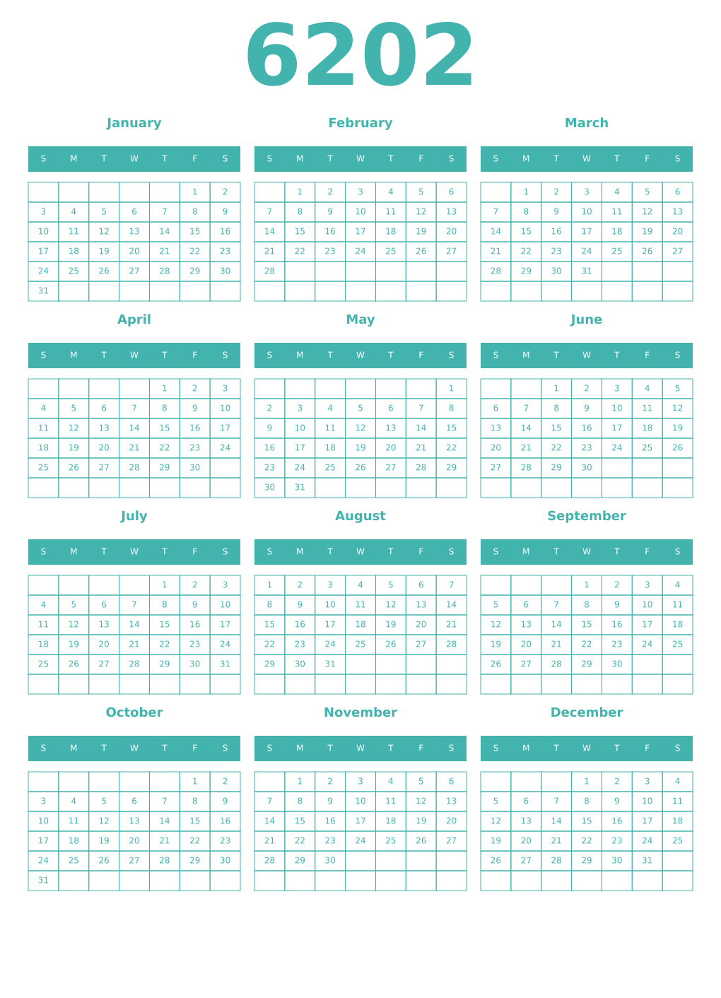 Printable 6202 Year Calendars verdigris