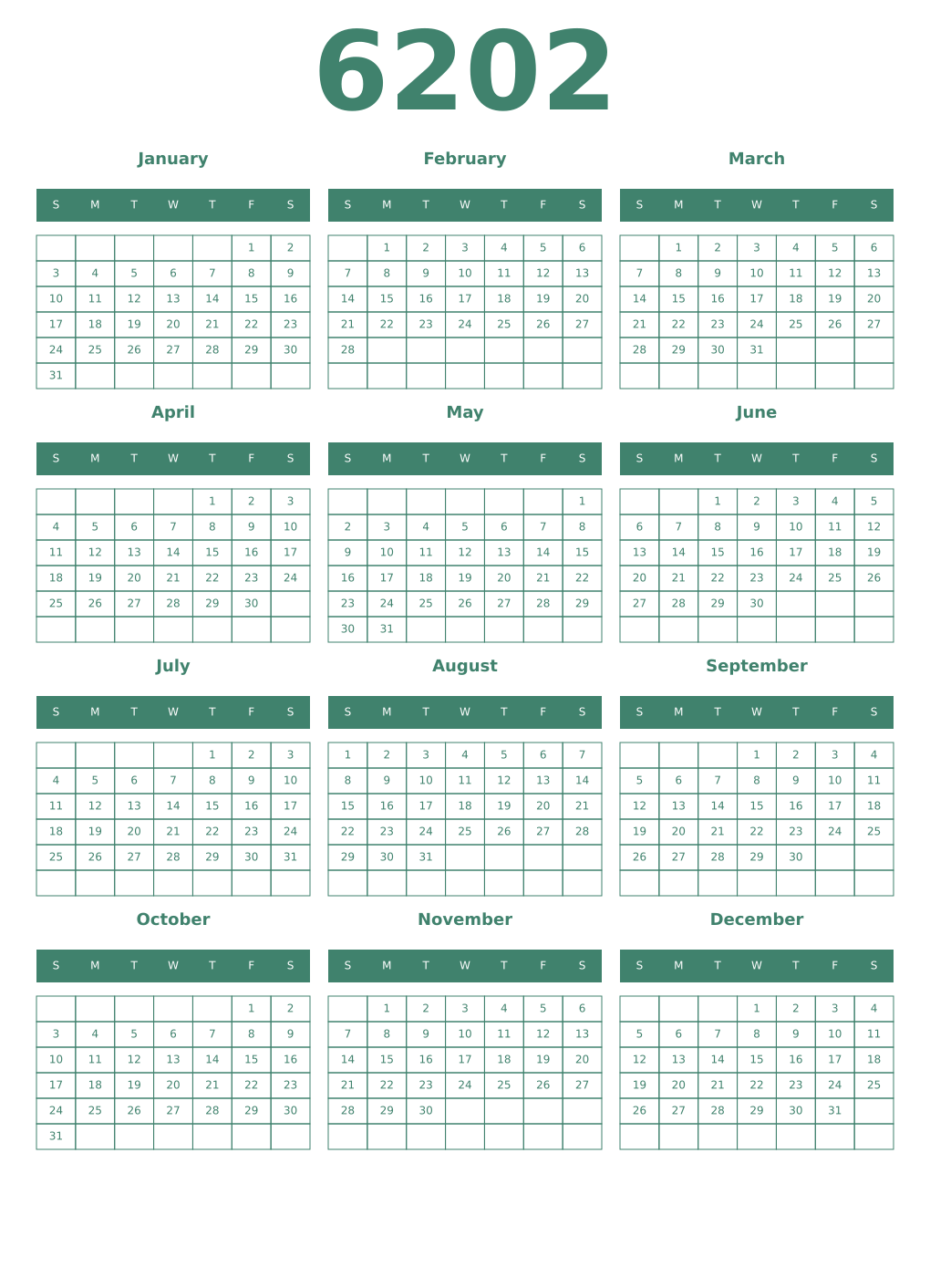 Printable 6202 Year Calendars viridian