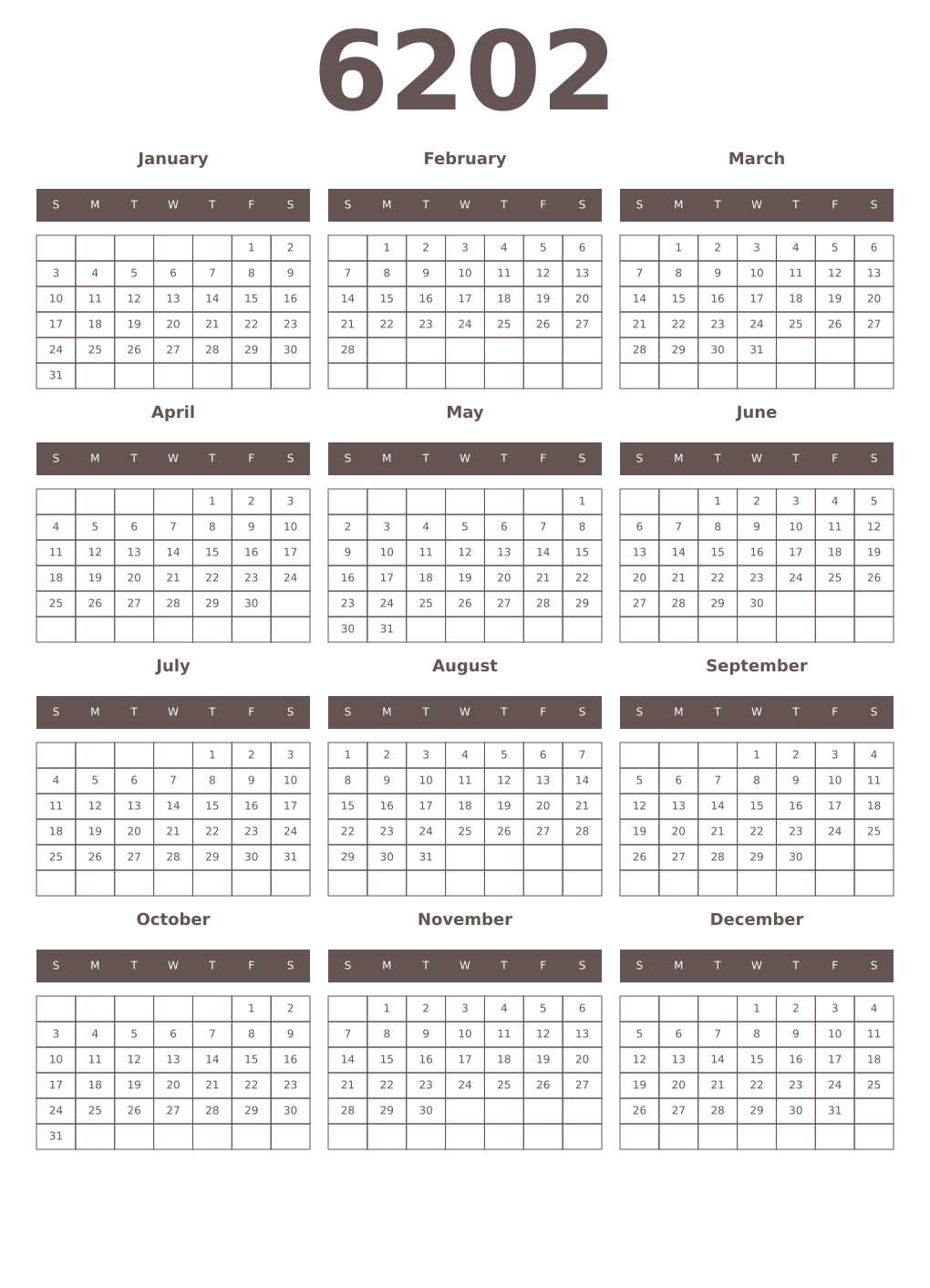 Printable 6202 Year Calendars wenge